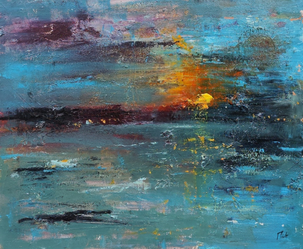 Huile sur toile originale dans un  style abstrait : coucher de soleil