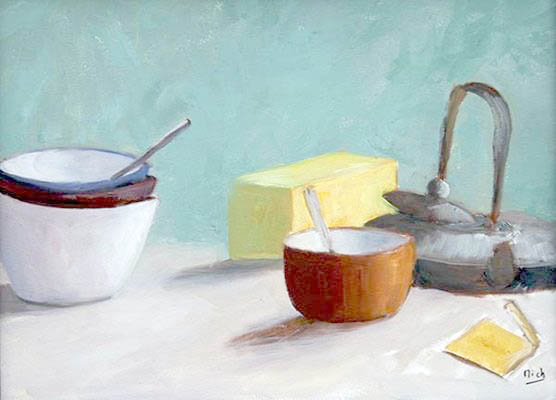 Tableau de nature morte : L'heure du thé - peinture tasse et théière pour décoration murale